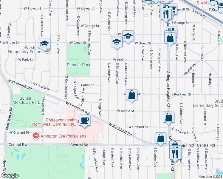 map of restaurants, bars, coffee shops, grocery stores, and more near 702 South Mitchell Avenue in Arlington Heights