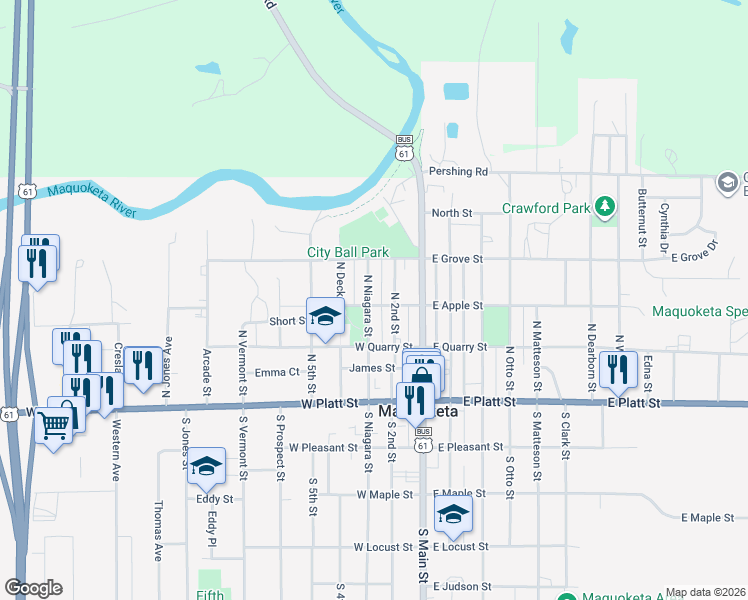 map of restaurants, bars, coffee shops, grocery stores, and more near 401 North Niagara Street in Maquoketa
