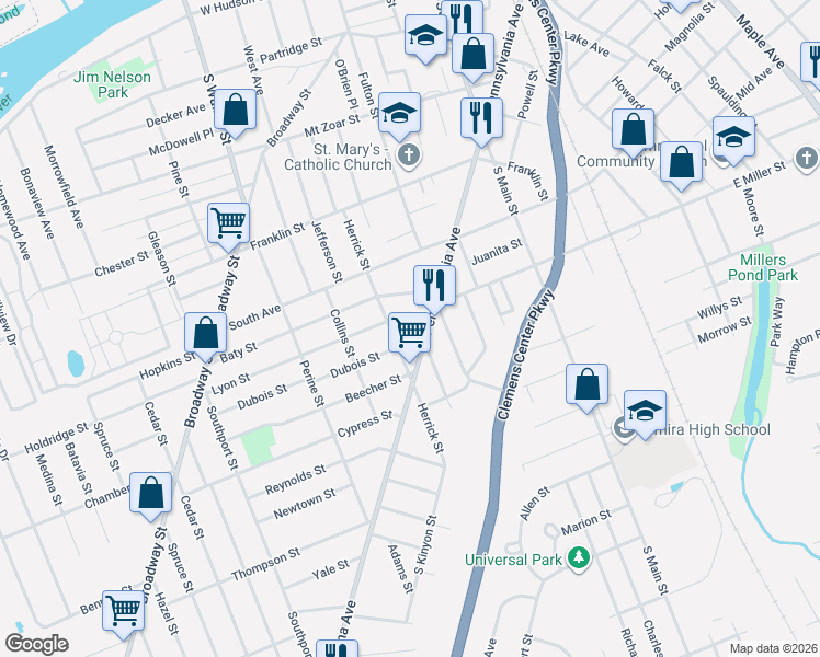 map of restaurants, bars, coffee shops, grocery stores, and more near 675 Herrick Street in Elmira