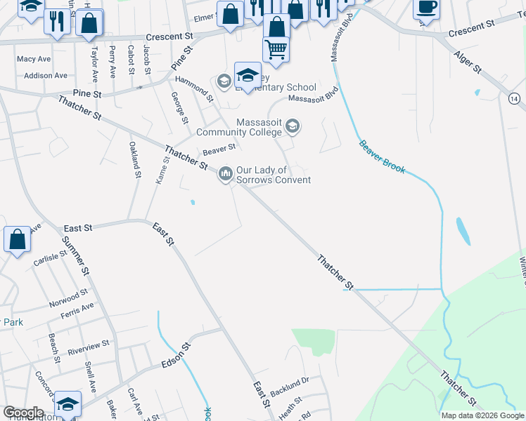 map of restaurants, bars, coffee shops, grocery stores, and more near 325 Thatcher Street in Brockton
