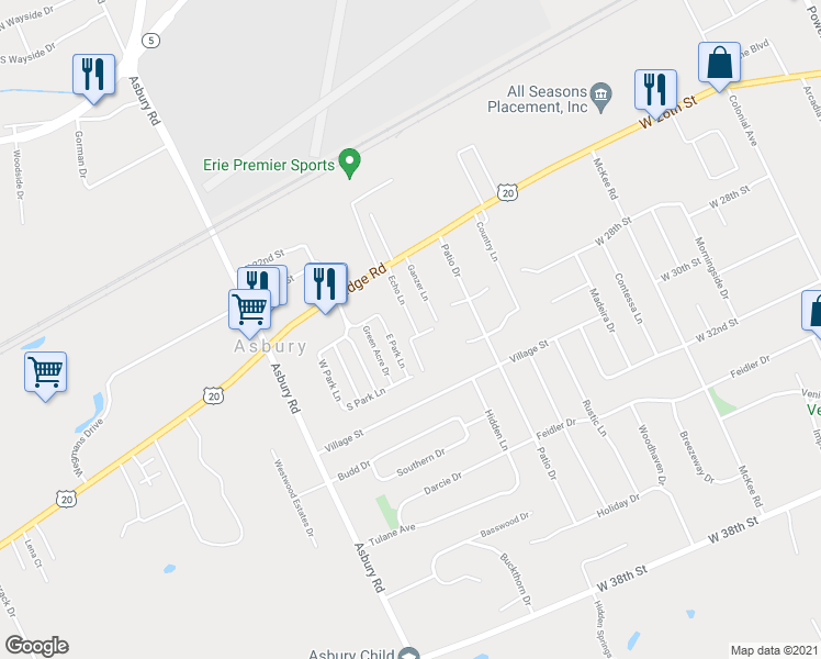 map of restaurants, bars, coffee shops, grocery stores, and more near 2713 East Park Lane in Erie