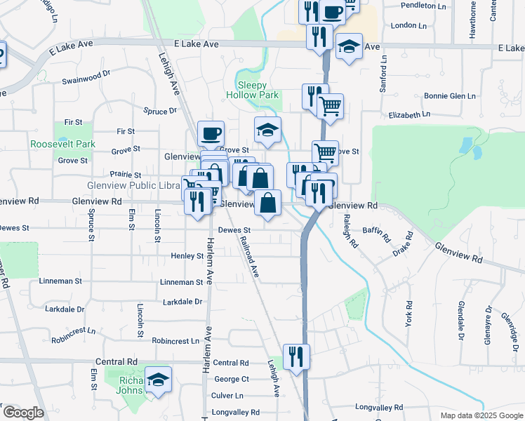 map of restaurants, bars, coffee shops, grocery stores, and more near 950 Church Street in Glenview