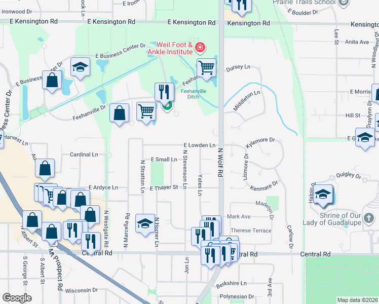 map of restaurants, bars, coffee shops, grocery stores, and more near 215 North Stevenson Lane in Mount Prospect