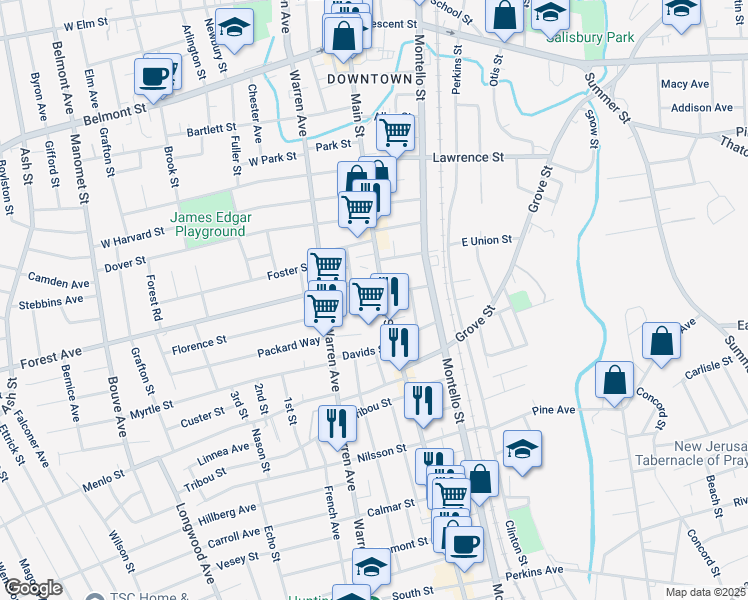 map of restaurants, bars, coffee shops, grocery stores, and more near 647 Main Street in Brockton