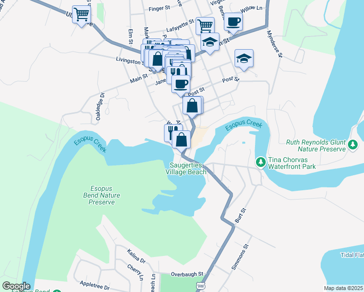 map of restaurants, bars, coffee shops, grocery stores, and more near 53 South Partition Street in Saugerties