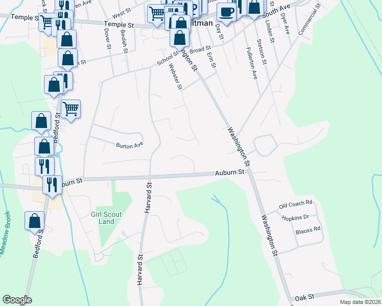 map of restaurants, bars, coffee shops, grocery stores, and more near 30 Newland Drive in Whitman