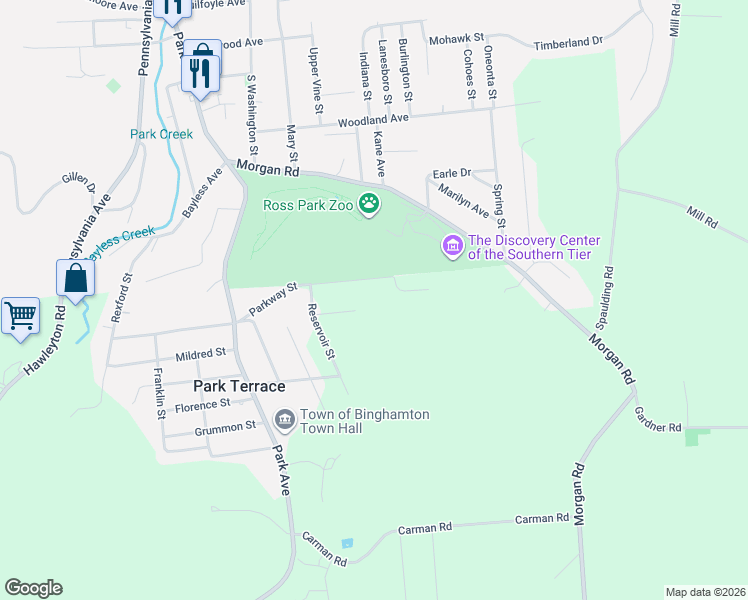 map of restaurants, bars, coffee shops, grocery stores, and more near 3580 Woodland Street in Binghamton