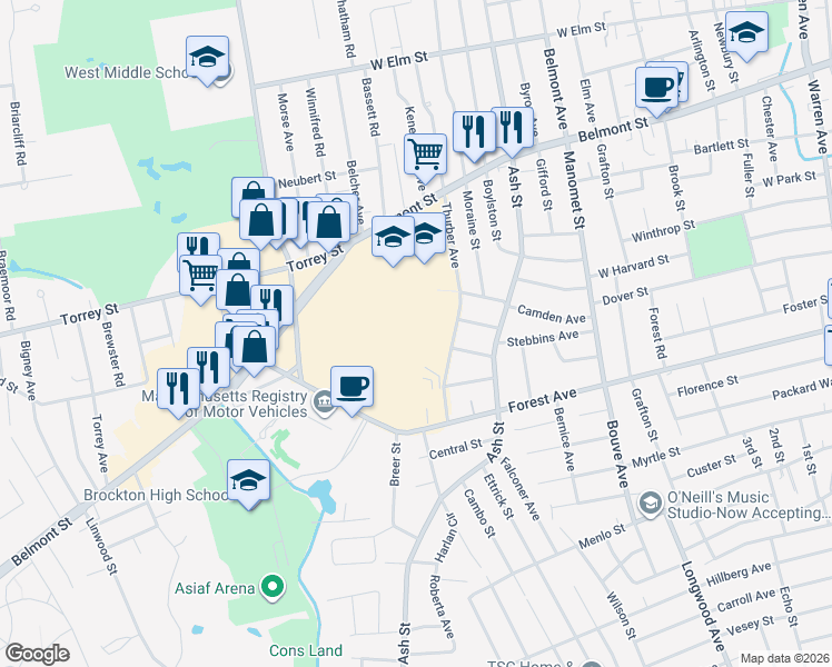 map of restaurants, bars, coffee shops, grocery stores, and more near in Brockton