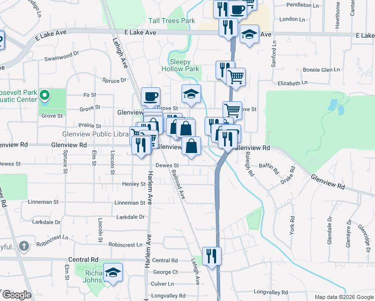 map of restaurants, bars, coffee shops, grocery stores, and more near 998 Church Street in Glenview