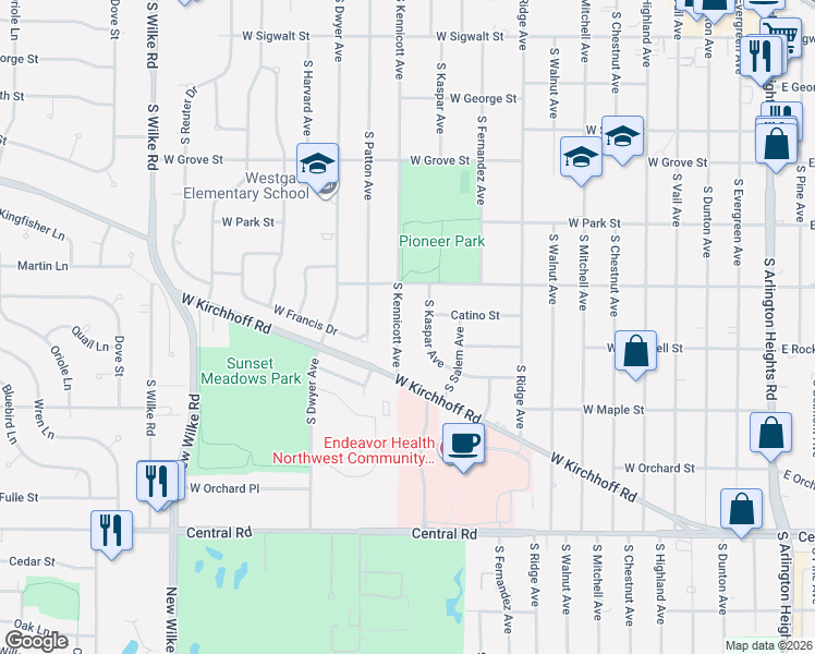 map of restaurants, bars, coffee shops, grocery stores, and more near 700 South Kaspar Avenue in Arlington Heights
