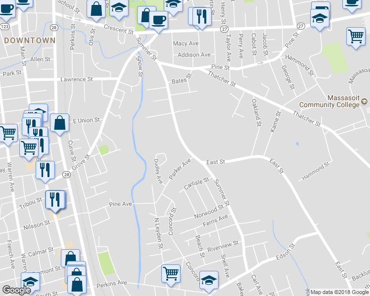map of restaurants, bars, coffee shops, grocery stores, and more near 237 Summer Street in Brockton