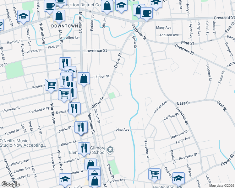 map of restaurants, bars, coffee shops, grocery stores, and more near 21 Thornell Street in Brockton
