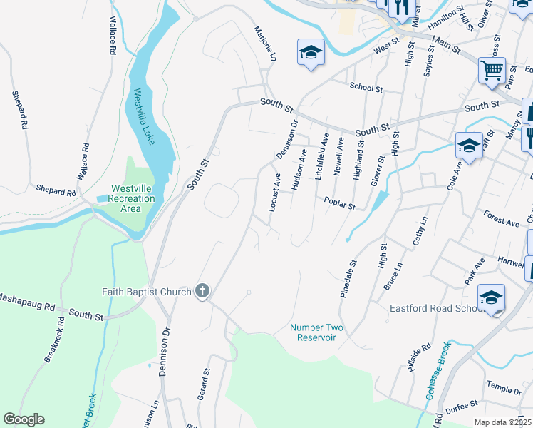 map of restaurants, bars, coffee shops, grocery stores, and more near 135 Locust Avenue in Southbridge