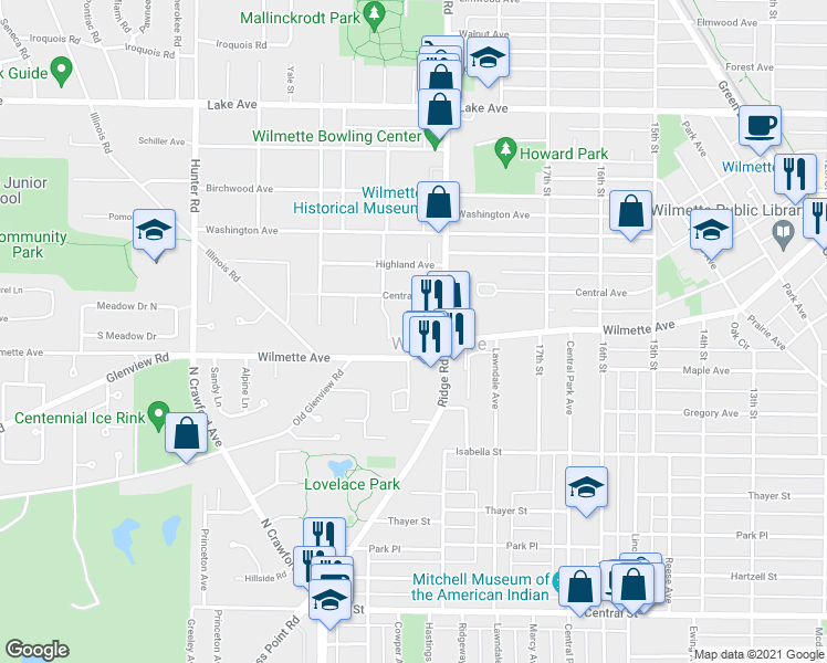 map of restaurants, bars, coffee shops, grocery stores, and more near 412 Pine Manor Drive in Wilmette