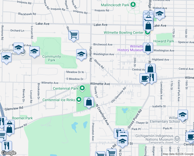 map of restaurants, bars, coffee shops, grocery stores, and more near 2244 Wilmette Avenue in Wilmette
