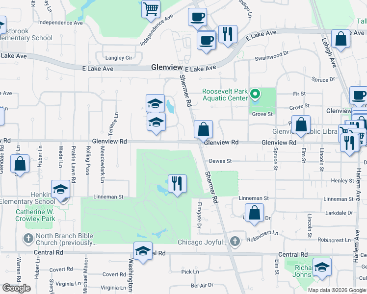 map of restaurants, bars, coffee shops, grocery stores, and more near in Glenview