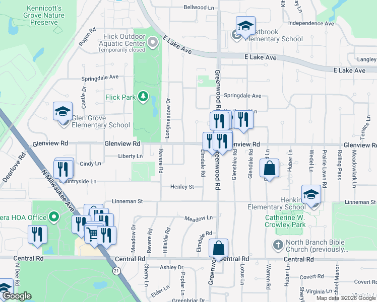 map of restaurants, bars, coffee shops, grocery stores, and more near 910 Elmdale Road in Glenview