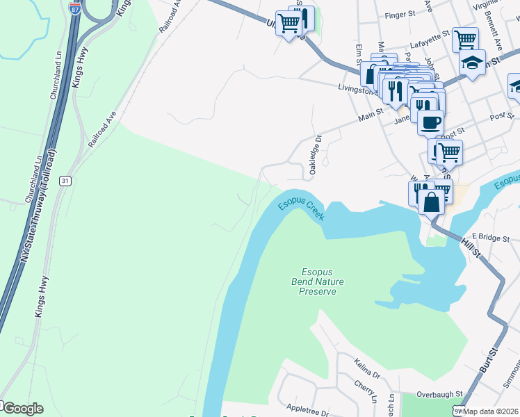 map of restaurants, bars, coffee shops, grocery stores, and more near 37 Oakledge Park in Saugerties