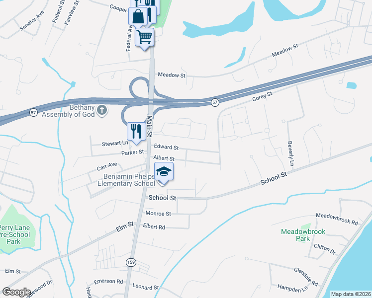 map of restaurants, bars, coffee shops, grocery stores, and more near 62 Edward Street in Agawam