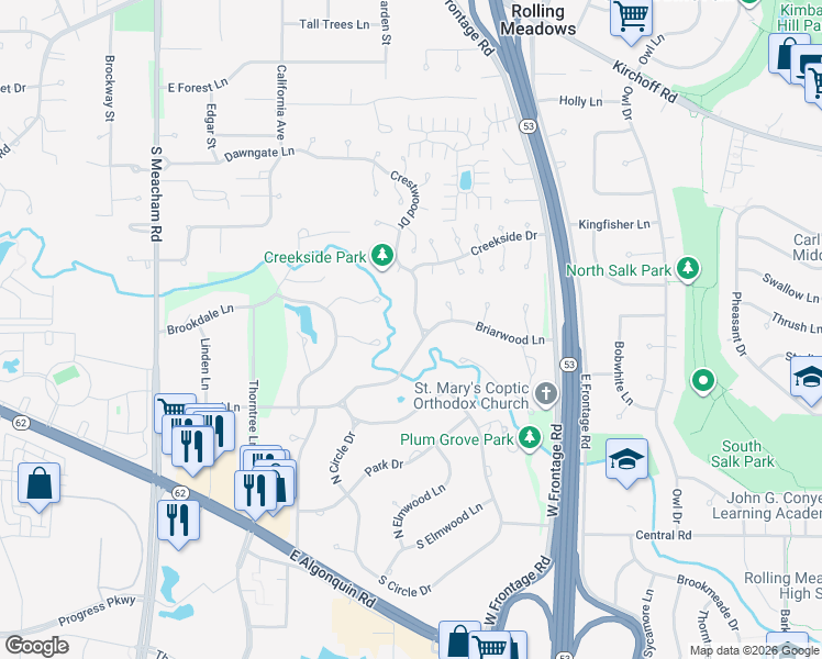 map of restaurants, bars, coffee shops, grocery stores, and more near 309 Briarwood Lane in Palatine