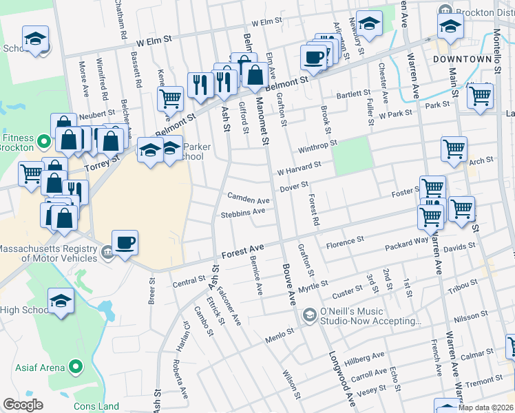 map of restaurants, bars, coffee shops, grocery stores, and more near 40 Anania Terrace in Brockton
