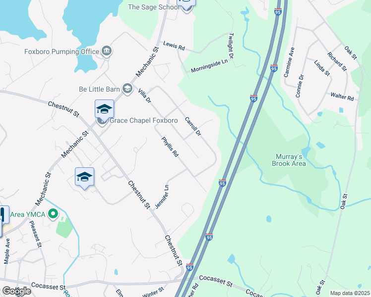 map of restaurants, bars, coffee shops, grocery stores, and more near 18 Phyllis Road in Foxborough