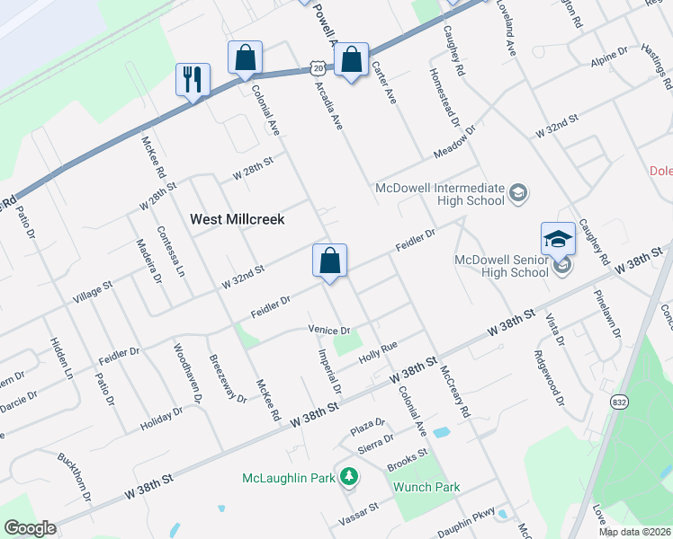 map of restaurants, bars, coffee shops, grocery stores, and more near 3411 Old Orchard Dr in Erie