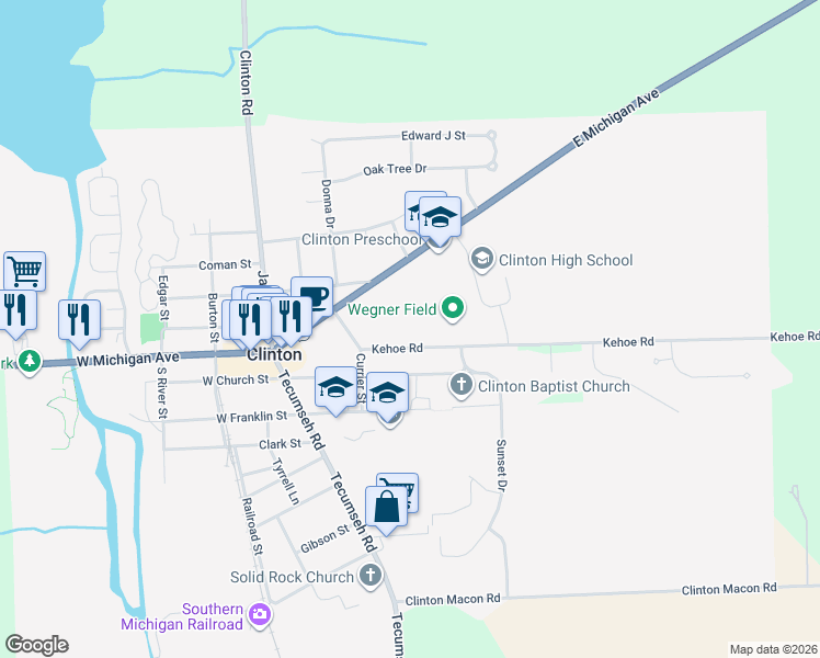 map of restaurants, bars, coffee shops, grocery stores, and more near 204 Kehoe Road in Clinton