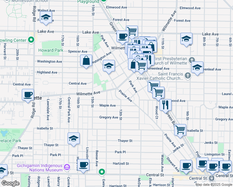 map of restaurants, bars, coffee shops, grocery stores, and more near 1304 Maple Avenue in Wilmette