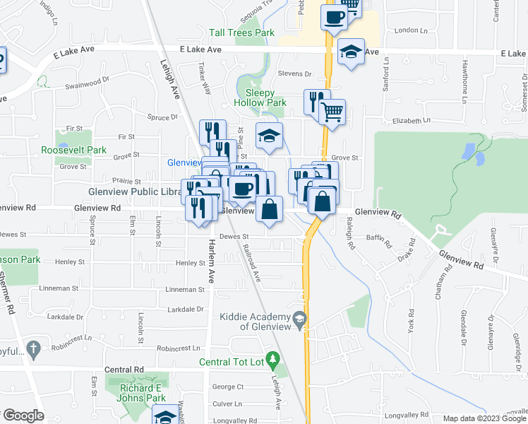 map of restaurants, bars, coffee shops, grocery stores, and more near 950 Church Street in Glenview