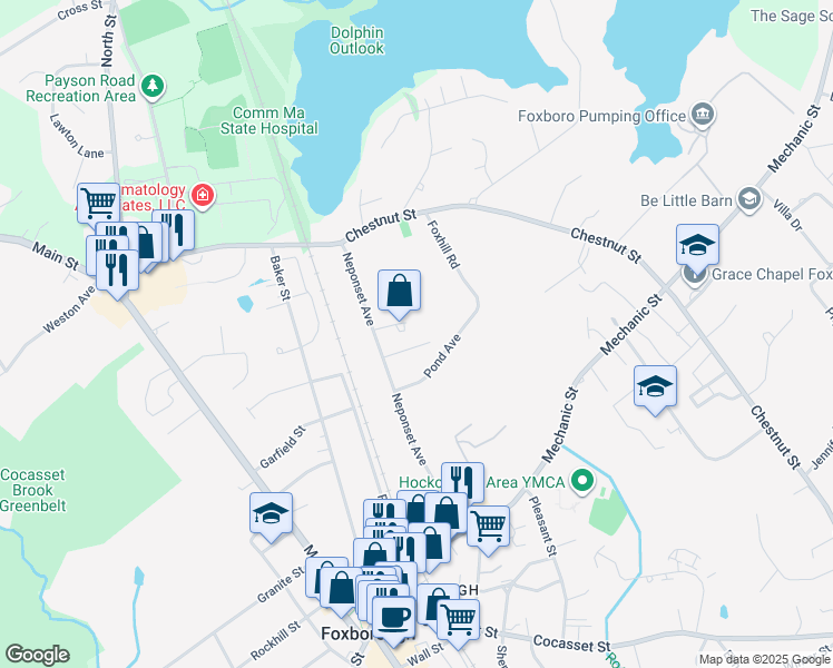 map of restaurants, bars, coffee shops, grocery stores, and more near 9 Bradford Avenue in Foxborough
