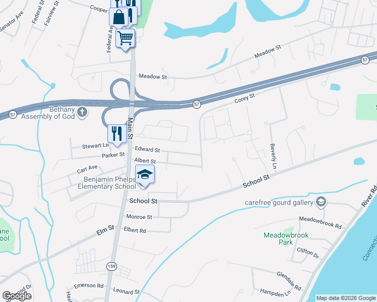 map of restaurants, bars, coffee shops, grocery stores, and more near 119 Albert Street in Agawam