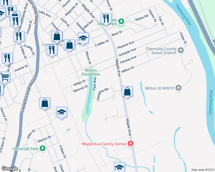 map of restaurants, bars, coffee shops, grocery stores, and more near 86 Hampton Road in Elmira