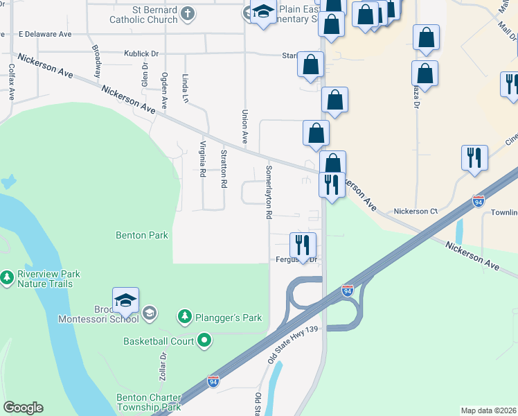map of restaurants, bars, coffee shops, grocery stores, and more near 583 Manorwood Circle in Benton Harbor