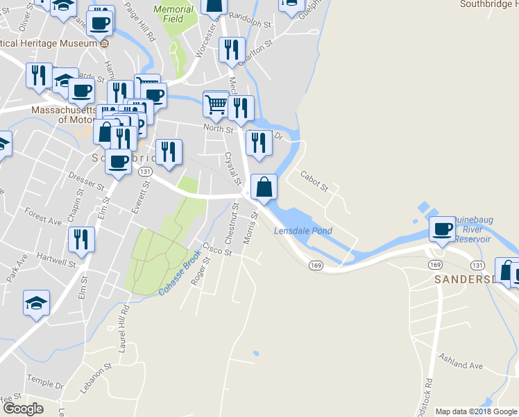 map of restaurants, bars, coffee shops, grocery stores, and more near 38 Morris Street in Southbridge