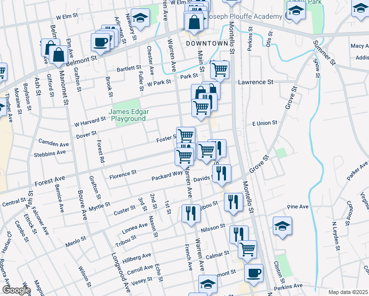 map of restaurants, bars, coffee shops, grocery stores, and more near Warren Avenue in Brockton