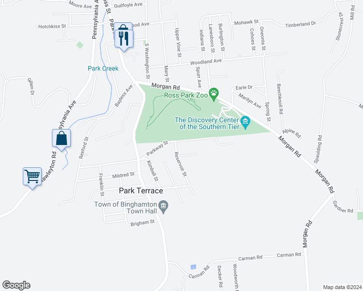 map of restaurants, bars, coffee shops, grocery stores, and more near 3566 Parkway Street in Binghamton