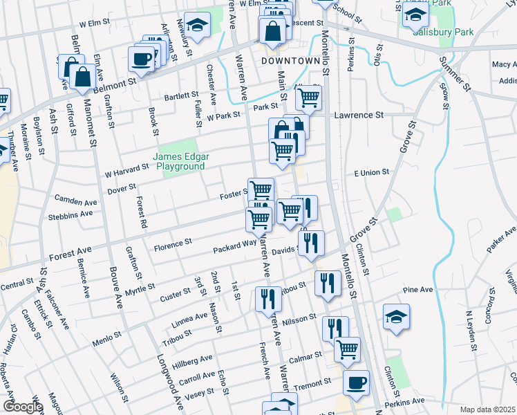 map of restaurants, bars, coffee shops, grocery stores, and more near 49 Forest Avenue in Brockton