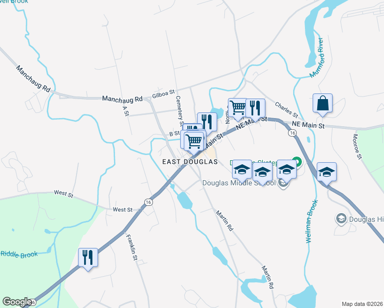map of restaurants, bars, coffee shops, grocery stores, and more near 300 Main Street in Douglas