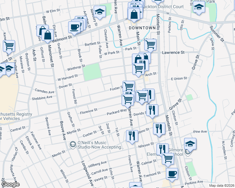 map of restaurants, bars, coffee shops, grocery stores, and more near 10 Foster Street in Brockton