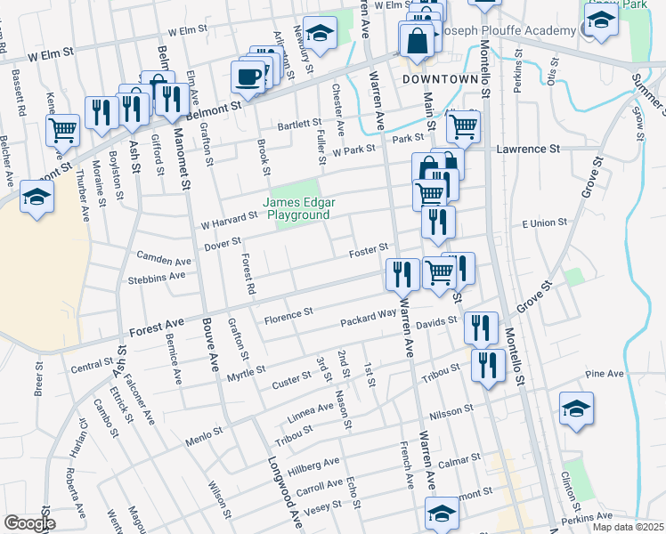 map of restaurants, bars, coffee shops, grocery stores, and more near 71 South Fuller Street Extension in Brockton