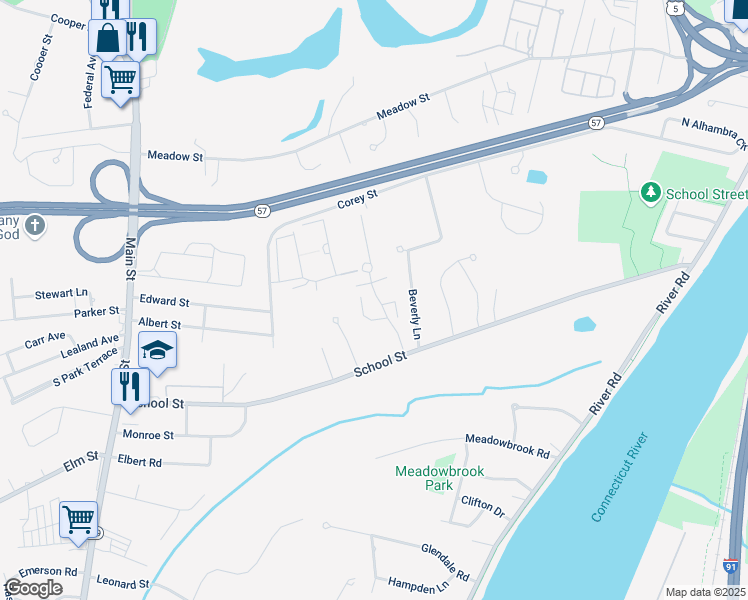 map of restaurants, bars, coffee shops, grocery stores, and more near 20 Plantation Drive in Agawam