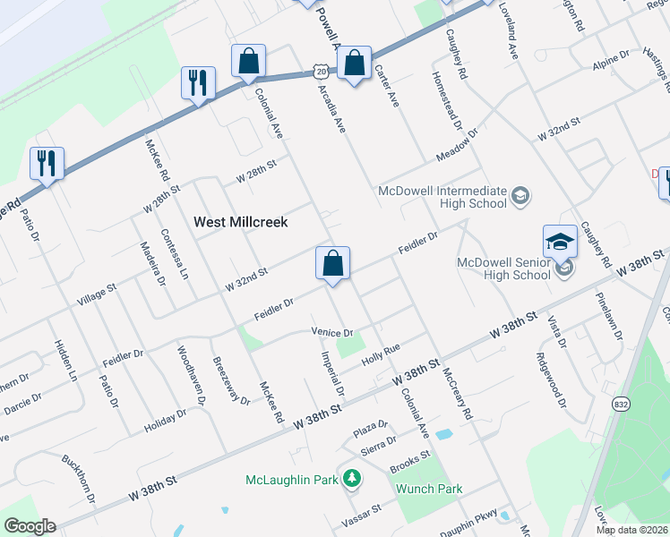 map of restaurants, bars, coffee shops, grocery stores, and more near 3207-3221 Colonial Ave in Erie