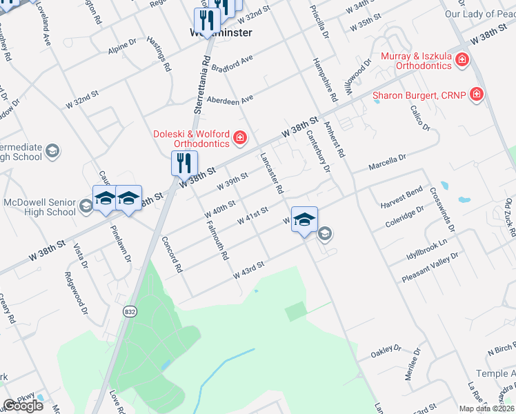 map of restaurants, bars, coffee shops, grocery stores, and more near 3248 West 40th Street in Erie