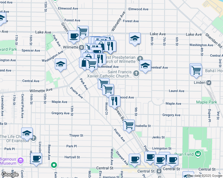 map of restaurants, bars, coffee shops, grocery stores, and more near 1041 Linden Avenue in Wilmette