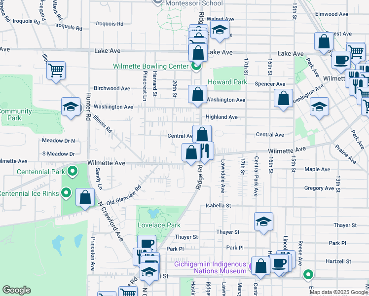 map of restaurants, bars, coffee shops, grocery stores, and more near 1935 Central Avenue in Wilmette