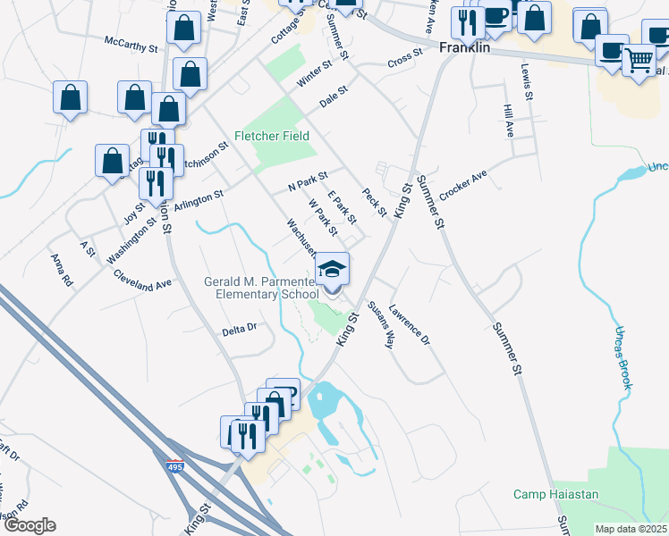 map of restaurants, bars, coffee shops, grocery stores, and more near in Franklin