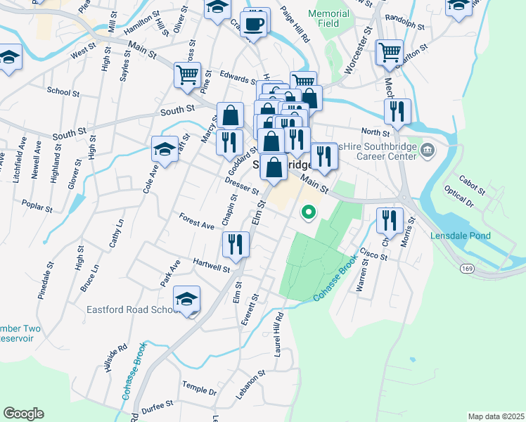 map of restaurants, bars, coffee shops, grocery stores, and more near 79 Elm Street in Southbridge