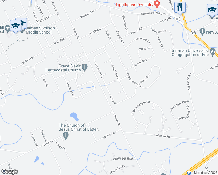 map of restaurants, bars, coffee shops, grocery stores, and more near 549 Donna Drive in Erie