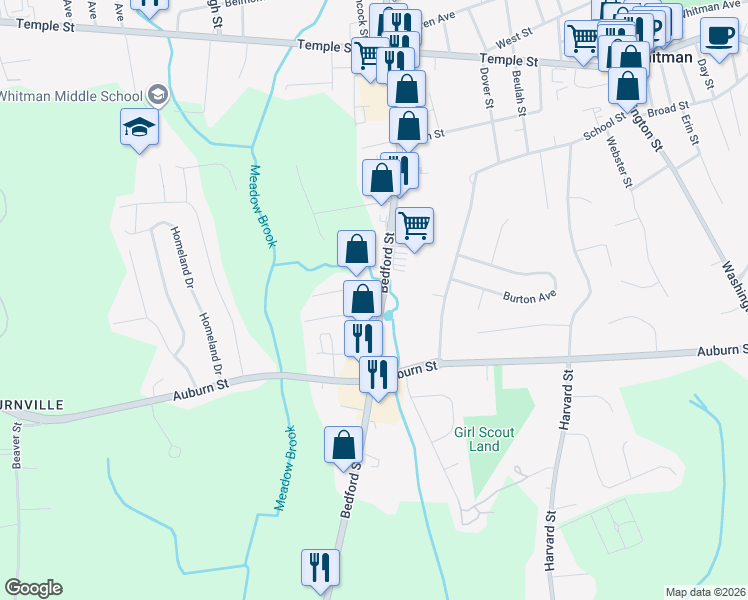 map of restaurants, bars, coffee shops, grocery stores, and more near 430 Bedford Street in Whitman